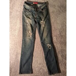 Apple Bottom Western Jeans Distressed Denim Blue Pink Stitching Cowboy, Rodeo